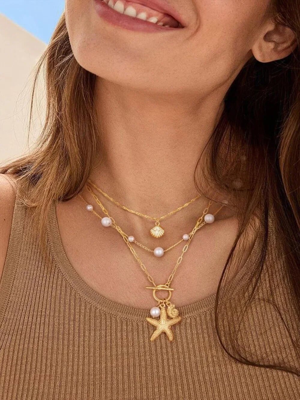 Layered Shell Necklace for Women, Starfish Pearl Pendant, Adjustable Beach - Picture 3 of 9